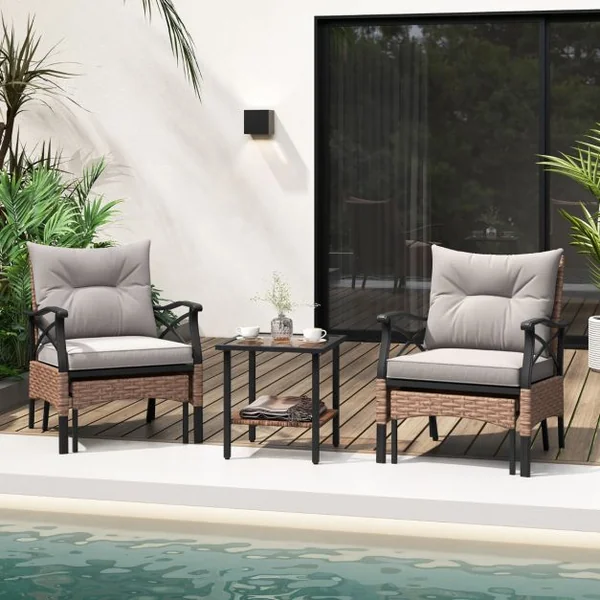 Ensemble de Meubles de Patio 5 Pièces Salon de Jardin en Rotin avec 2 Chaises 2 Poufs et 1 Table Basse Plateau en Verre Trempé Coussins Doux
