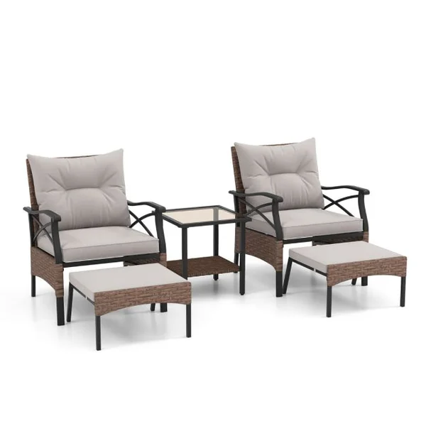 Ensemble de Meubles de Patio 5 Pièces Salon de Jardin en Rotin avec 2 Chaises 2 Poufs et 1 Table Basse Plateau en Verre Trempé Coussins Doux