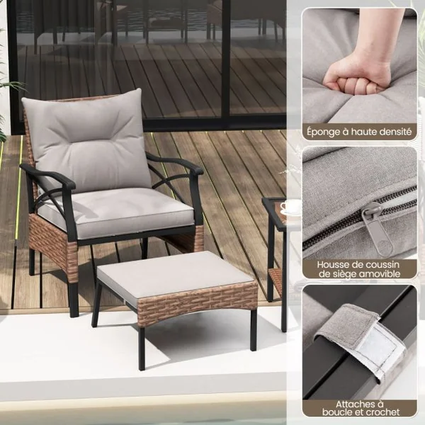 Ensemble de Meubles de Patio 5 Pièces Salon de Jardin en Rotin avec 2 Chaises 2 Poufs et 1 Table Basse Plateau en Verre Trempé Coussins Doux