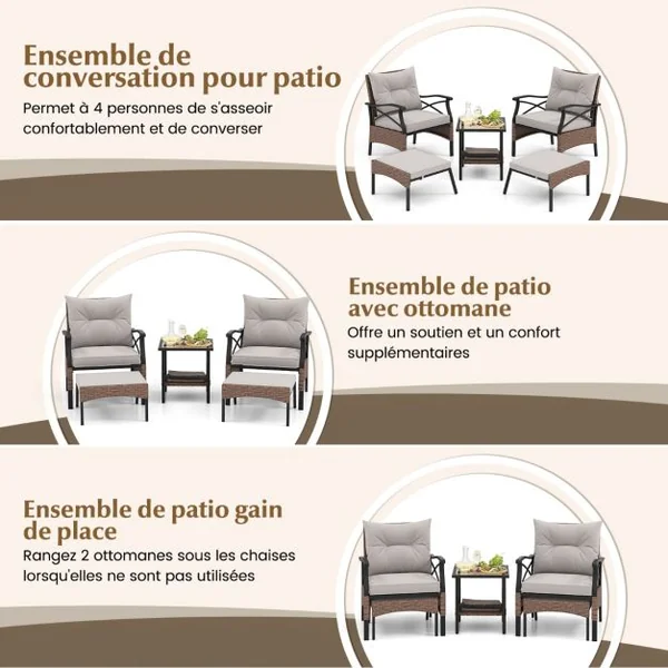 Ensemble de Meubles de Patio 5 Pièces Salon de Jardin en Rotin avec 2 Chaises 2 Poufs et 1 Table Basse Plateau en Verre Trempé Coussins Doux