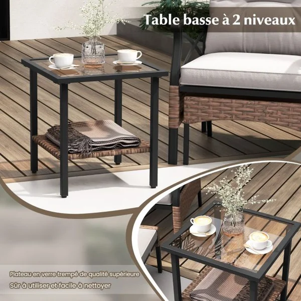 Ensemble de Meubles de Patio 5 Pièces Salon de Jardin en Rotin avec 2 Chaises 2 Poufs et 1 Table Basse Plateau en Verre Trempé Coussins Doux
