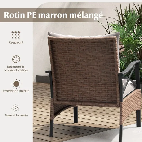 Ensemble de Meubles de Patio 5 Pièces Salon de Jardin en Rotin avec 2 Chaises 2 Poufs et 1 Table Basse Plateau en Verre Trempé Coussins Doux