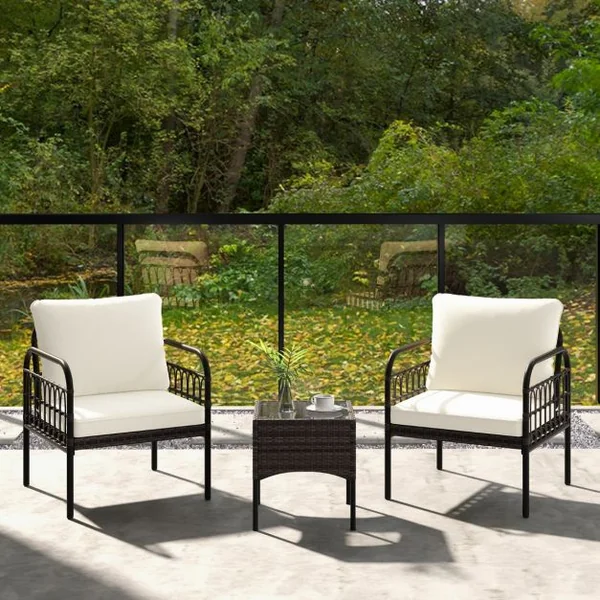 Ensemble de Meubles en Osier 3 Pièces Chaises Rembourrées Table Basse en Verre Trempé Fauteuils en Rotin Moderne Blanc