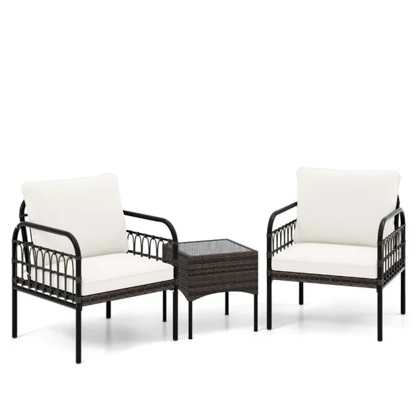 Ensemble de Meubles en Osier 3 Pièces Chaises Rembourrées Table Basse en Verre Trempé Fauteuils en Rotin Moderne Blanc