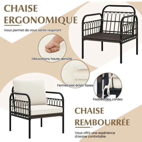 Ensemble de Meubles en Osier 3 Pièces Chaises Rembourrées Table Basse en Verre Trempé Fauteuils en Rotin Moderne Blanc