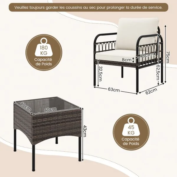 Ensemble de Meubles en Osier 3 Pièces Chaises Rembourrées Table Basse en Verre Trempé Fauteuils en Rotin Moderne Blanc