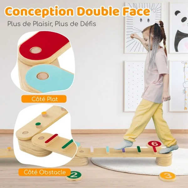 Ensemble de Poutre d'Equilibre Montessori avec Tremplins pour Tout-Petits Planches D'équilibre en Bois Ensemble de Jouets d'Intérieur