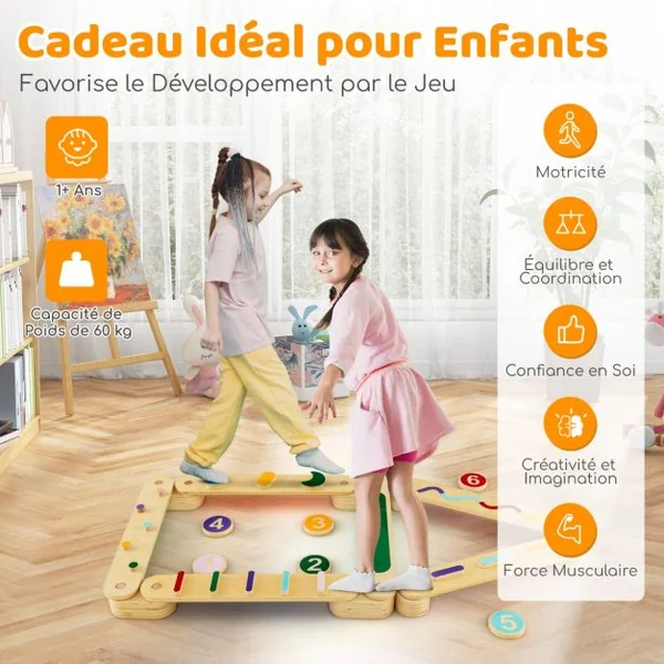Ensemble de Poutre d'Equilibre Montessori avec Tremplins pour Tout-Petits Planches D'équilibre en Bois Ensemble de Jouets d'Intérieur