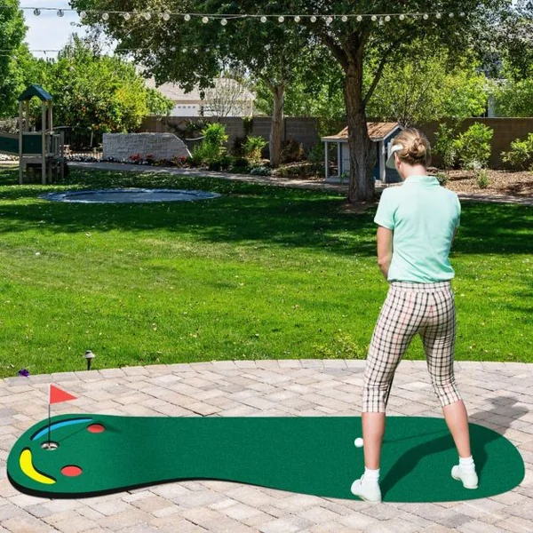 Ensemble de Putting Green de Golf Tapis de Putting Par 3 avec 3 Coupelles 1 Drapeau&Couvercles de Trou pour Entraînement au Putting 300 x 96 cm