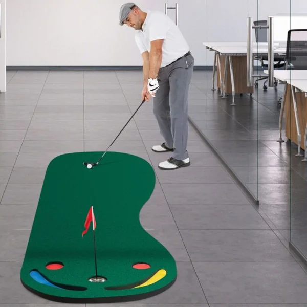 Ensemble de Putting Green de Golf Tapis de Putting Par 3 avec 3 Coupelles 1 Drapeau&Couvercles de Trou pour Entraînement au Putting 300 x 96 cm