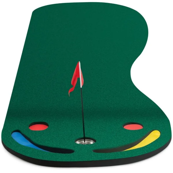 Ensemble de Putting Green de Golf Tapis de Putting Par 3 avec 3 Coupelles 1 Drapeau&Couvercles de Trou pour Entraînement au Putting 300 x 96 cm