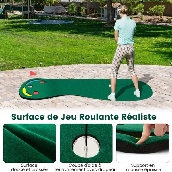 Ensemble de Putting Green de Golf Tapis de Putting Par 3 avec 3 Coupelles 1 Drapeau&Couvercles de Trou pour Entraînement au Putting 300 x 96 cm
