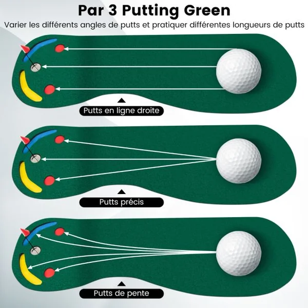 Ensemble de Putting Green de Golf Tapis de Putting Par 3 avec 3 Coupelles 1 Drapeau&Couvercles de Trou pour Entraînement au Putting 300 x 96 cm
