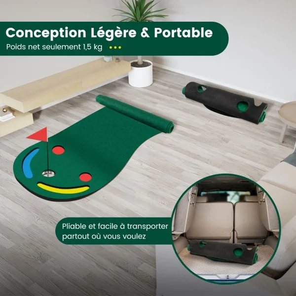 Ensemble de Putting Green de Golf Tapis de Putting Par 3 avec 3 Coupelles 1 Drapeau&Couvercles de Trou pour Entraînement au Putting 300 x 96 cm
