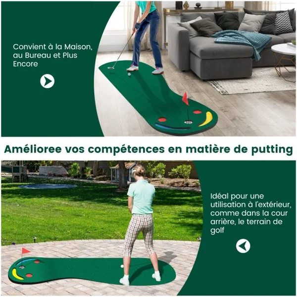 Ensemble de Putting Green de Golf Tapis de Putting Par 3 avec 3 Coupelles 1 Drapeau&Couvercles de Trou pour Entraînement au Putting 300 x 96 cm