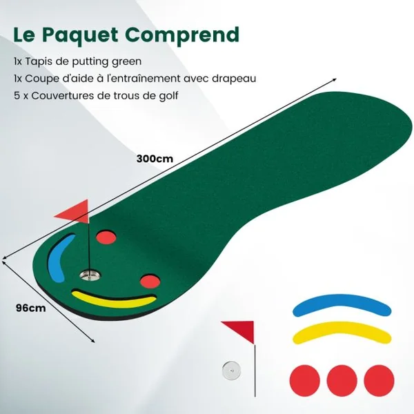 Ensemble de Putting Green de Golf Tapis de Putting Par 3 avec 3 Coupelles 1 Drapeau&Couvercles de Trou pour Entraînement au Putting 300 x 96 cm