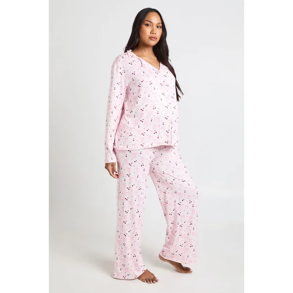 Ensemble De Pyjama De Maternité À Manches Longues Avec Imprimé Nœuds Et Cœurs - Haut Chemise Et Pantalon