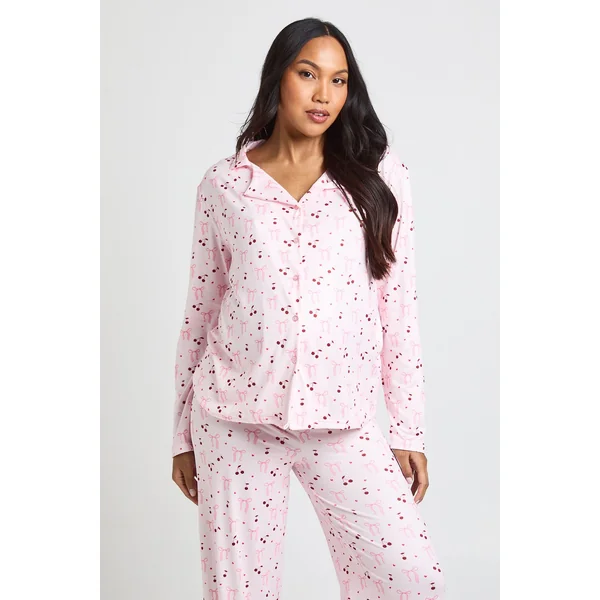 Ensemble De Pyjama De Maternité À Manches Longues Avec Imprimé Nœuds Et Cœurs - Haut Chemise Et Pantalon