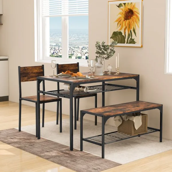 Ensemble de Salle à Manger 4 Pièces Table à Manger Industrielle Moderne avec 2 Chaises et Une Banquette pour 4 Personnes Mobilier de Cuisine Café/Gris