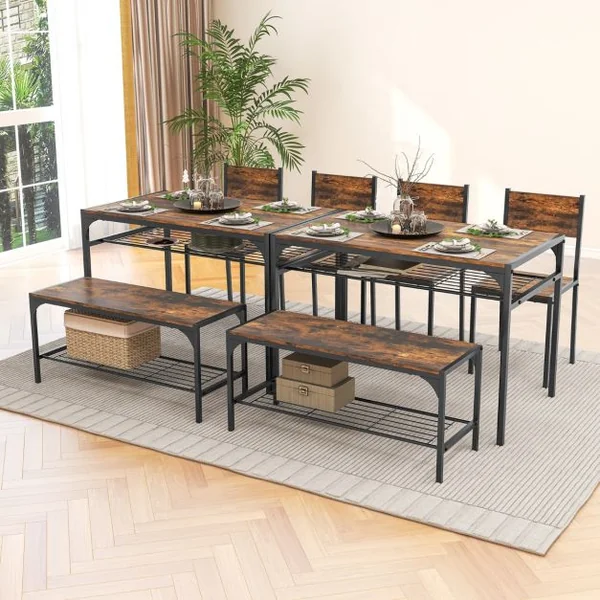 Ensemble de Salle à Manger 4 Pièces Table à Manger Industrielle Moderne avec 2 Chaises et Une Banquette pour 4 Personnes Mobilier de Cuisine Café/Gris