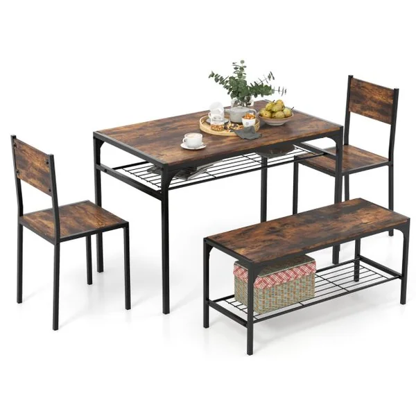 Ensemble de Salle à Manger 4 Pièces Table à Manger Industrielle Moderne avec 2 Chaises et Une Banquette pour 4 Personnes Mobilier de Cuisine Café/Gris