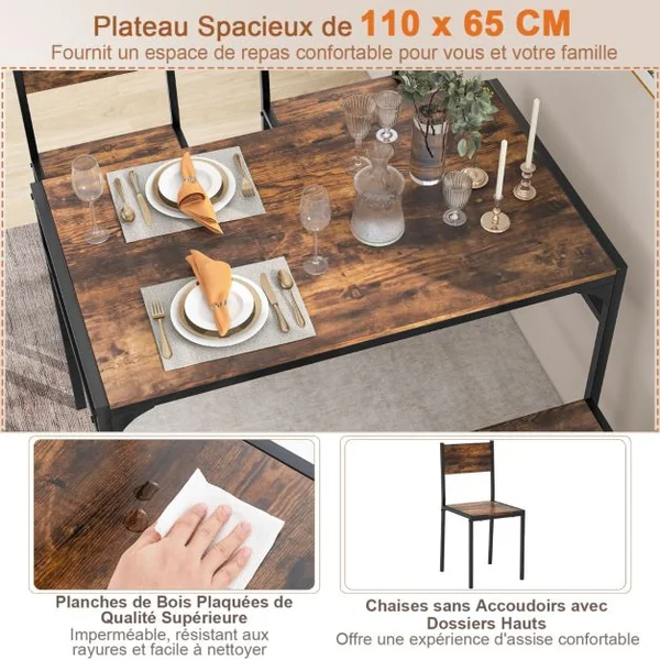 Ensemble de Salle à Manger 4 Pièces Table à Manger Industrielle Moderne avec 2 Chaises et Une Banquette pour 4 Personnes Mobilier de Cuisine Café/Gris