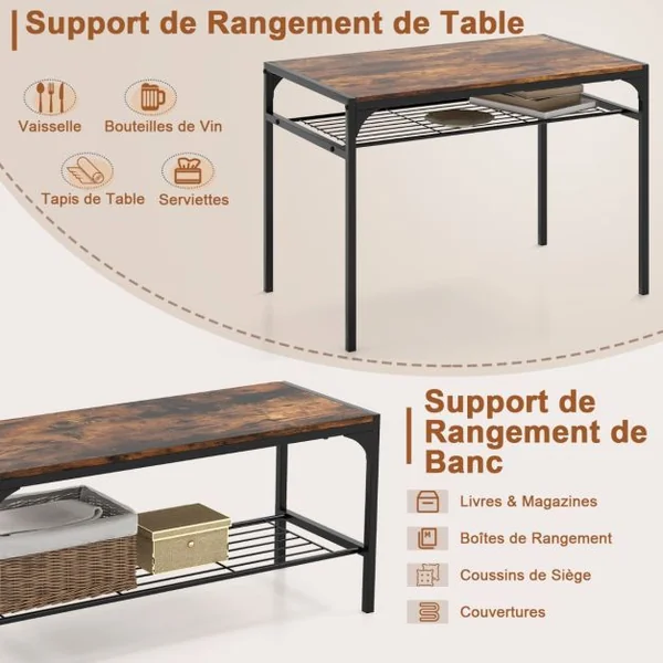Ensemble de Salle à Manger 4 Pièces Table à Manger Industrielle Moderne avec 2 Chaises et Une Banquette pour 4 Personnes Mobilier de Cuisine Café/Gris
