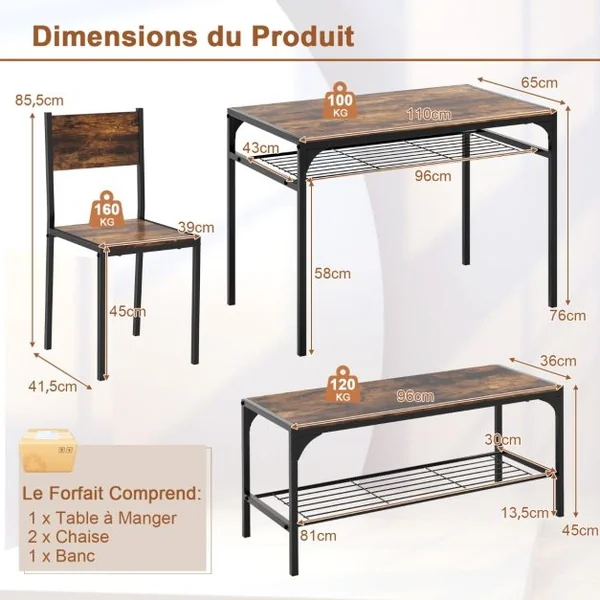 Ensemble de Salle à Manger 4 Pièces Table à Manger Industrielle Moderne avec 2 Chaises et Une Banquette pour 4 Personnes Mobilier de Cuisine Café/Gris