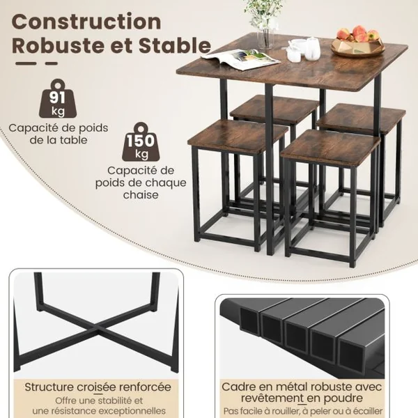 Ensemble de Salle à Manger 5 Pièces Ensemble de Cuisine Ou de Salle à Manger Design Peu Encombrant Table avec 4 Tabourets pour Salon Naturel