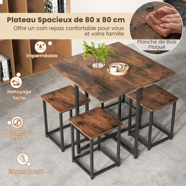 Ensemble de Salle à Manger 5 Pièces Ensemble de Cuisine Ou de Salle à Manger Design Peu Encombrant Table avec 4 Tabourets pour Salon Naturel