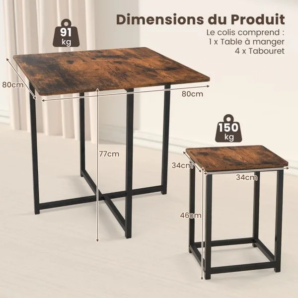 Ensemble de Salle à Manger 5 Pièces Ensemble de Cuisine Ou de Salle à Manger Design Peu Encombrant Table avec 4 Tabourets pour Salon Naturel