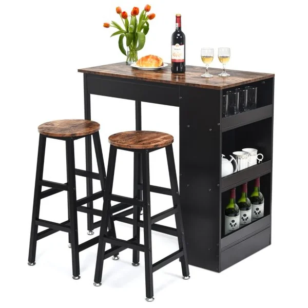 Ensemble de Table de Bar 3 Pièces à Hauteur de Comptoir 2 Tabourets de Bar en Bois étagère Latérale à 3 Niveaux Marron