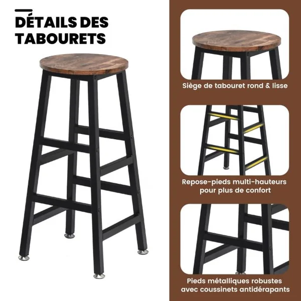 Ensemble de Table de Bar 3 Pièces à Hauteur de Comptoir 2 Tabourets de Bar en Bois étagère Latérale à 3 Niveaux Marron