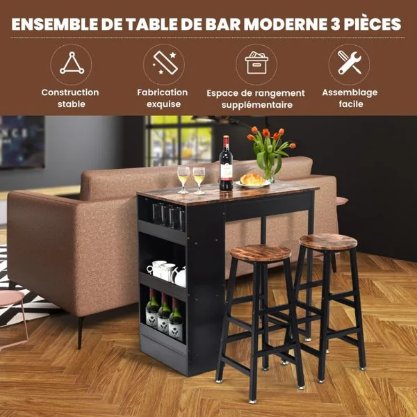 Ensemble de Table de Bar 3 Pièces à Hauteur de Comptoir 2 Tabourets de Bar en Bois étagère Latérale à 3 Niveaux Marron