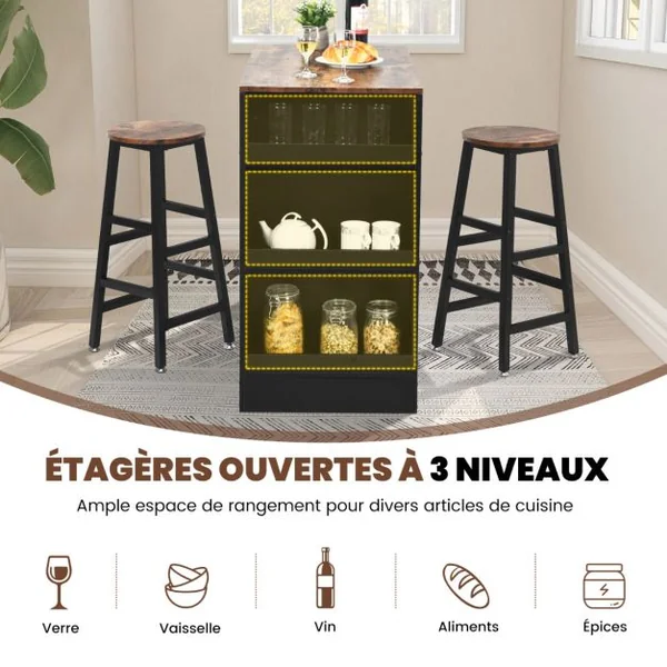 Ensemble de Table de Bar 3 Pièces à Hauteur de Comptoir 2 Tabourets de Bar en Bois étagère Latérale à 3 Niveaux Marron