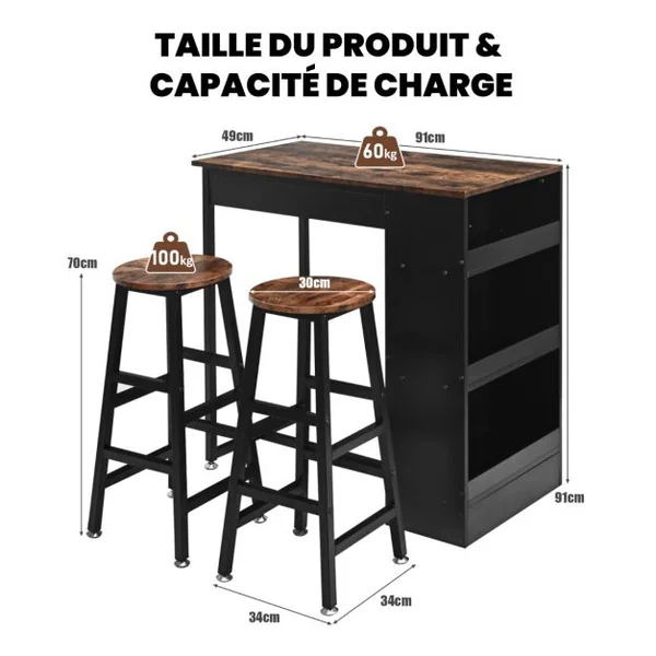 Ensemble de Table de Bar 3 Pièces à Hauteur de Comptoir 2 Tabourets de Bar en Bois étagère Latérale à 3 Niveaux Marron