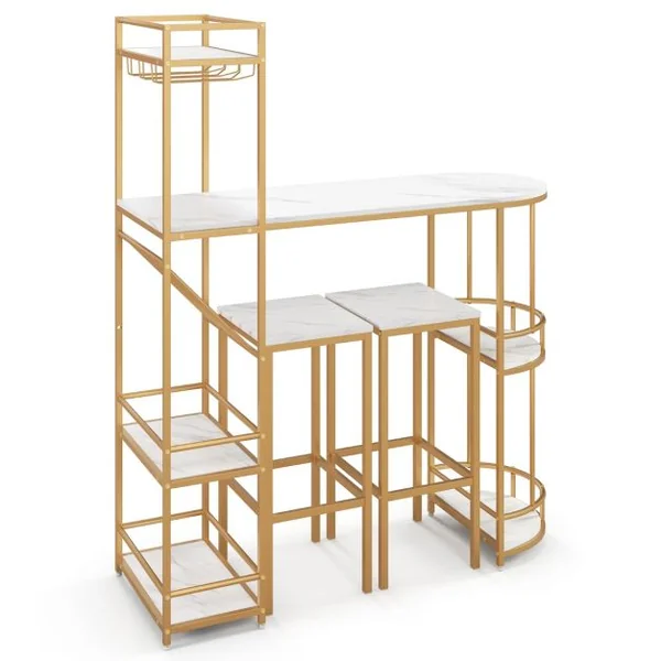 Ensemble de Table de Bar et Tabourets 3 PCS pour 2 Personnes avec Étagères de Rangement Porte-Verres et Porte-Bouteilles de Vin Cadre en Métal en MDF Blanc