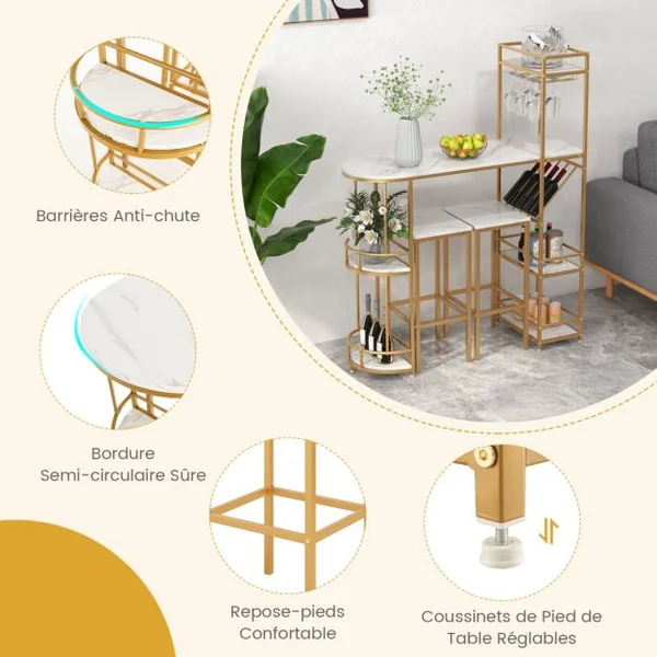 Ensemble de Table de Bar et Tabourets 3 PCS pour 2 Personnes avec Étagères de Rangement Porte-Verres et Porte-Bouteilles de Vin Cadre en Métal en MDF Blanc