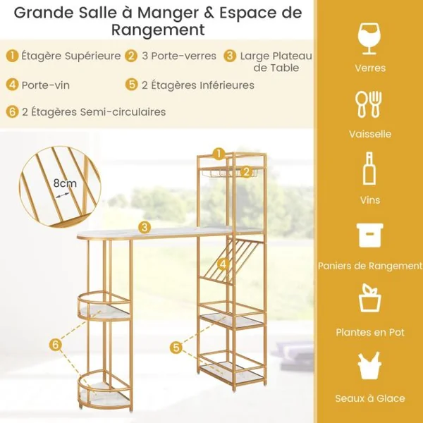 Ensemble de Table de Bar et Tabourets 3 PCS pour 2 Personnes avec Étagères de Rangement Porte-Verres et Porte-Bouteilles de Vin Cadre en Métal en MDF Blanc