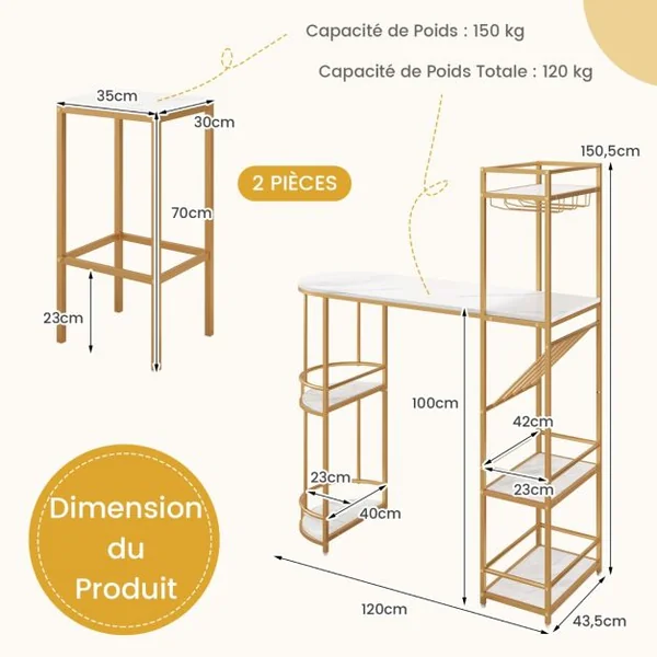 Ensemble de Table de Bar et Tabourets 3 PCS pour 2 Personnes avec Étagères de Rangement Porte-Verres et Porte-Bouteilles de Vin Cadre en Métal en MDF Blanc