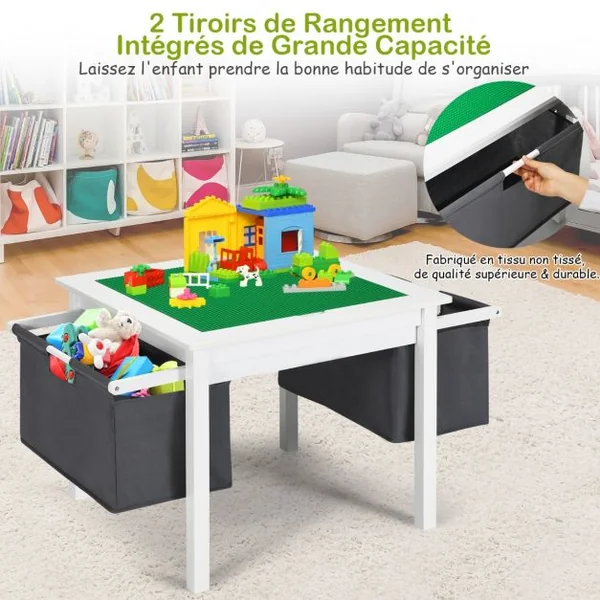 Ensemble de Table et 2 Chaises pour Enfants Table Multi-Activités 2 en 1 avec 2 Tiroirs de Rangement Blanc