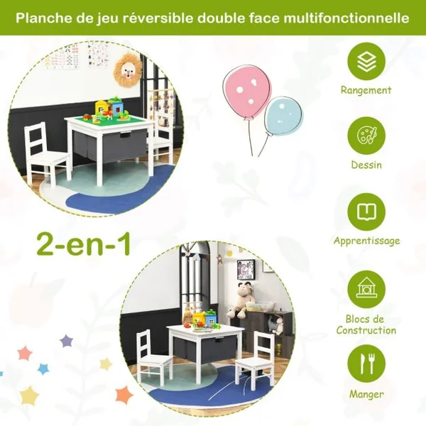 Ensemble de Table et 2 Chaises pour Enfants Table Multi-Activités 2 en 1 avec 2 Tiroirs de Rangement Blanc