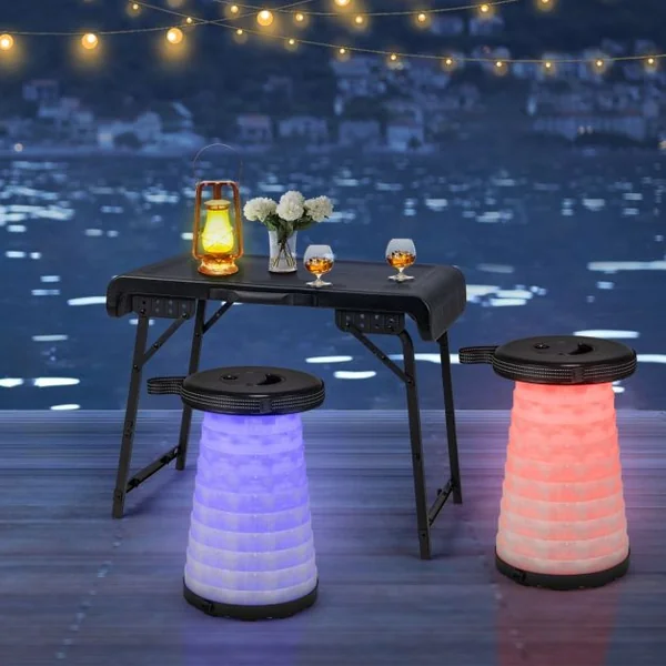 Ensemble de Table et 2 Tabourets Pliants Extérieur Tabouret LED Rétractables avec 3 Effets de Lumière pour Camping Pêche Noir