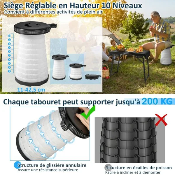 Ensemble de Table et 2 Tabourets Pliants Extérieur Tabouret LED Rétractables avec 3 Effets de Lumière pour Camping Pêche Noir