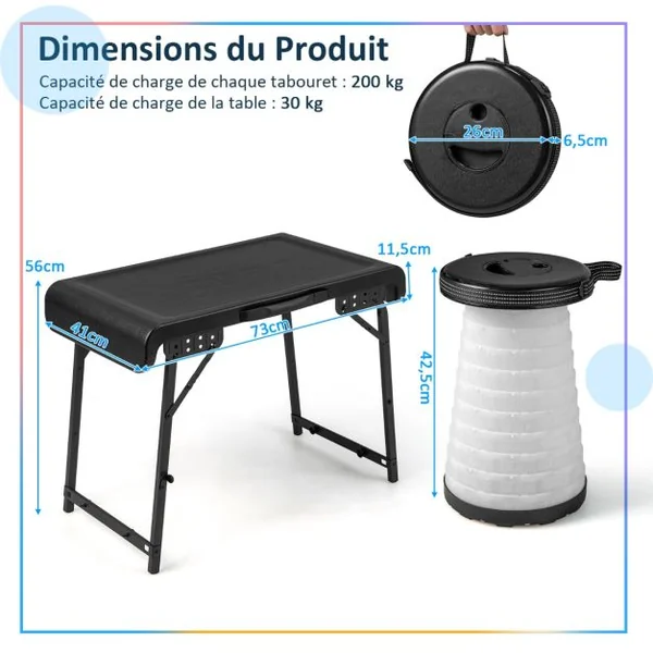 Ensemble de Table et 2 Tabourets Pliants Extérieur Tabouret LED Rétractables avec 3 Effets de Lumière pour Camping Pêche Noir