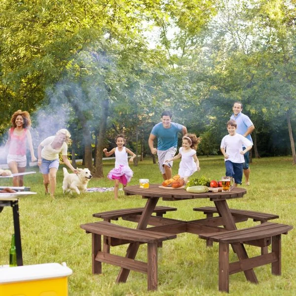 Ensemble de Table et 4 Bancs de Jardin 8 Personnes en Sapin Verni Table de Pique-Nique avec Trou de Parasol