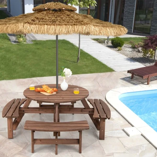 Ensemble de Table et 4 Bancs de Jardin 8 Personnes en Sapin Verni Table de Pique-Nique avec Trou de Parasol