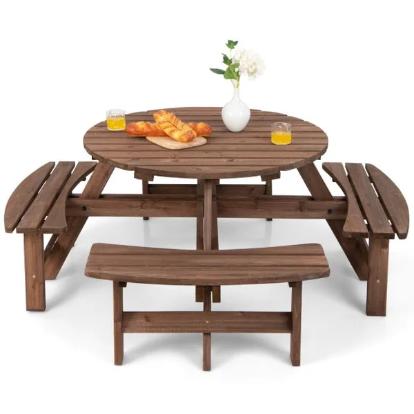 Ensemble de Table et 4 Bancs de Jardin 8 Personnes en Sapin Verni Table de Pique-Nique avec Trou de Parasol