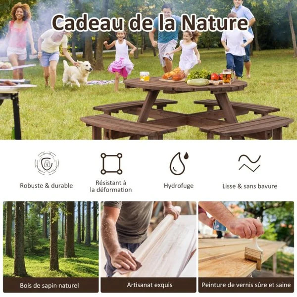 Ensemble de Table et 4 Bancs de Jardin 8 Personnes en Sapin Verni Table de Pique-Nique avec Trou de Parasol