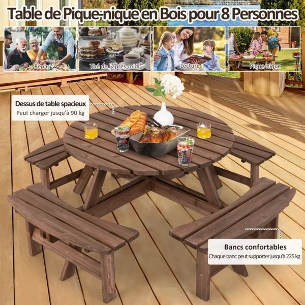 Ensemble de Table et 4 Bancs de Jardin 8 Personnes en Sapin Verni Table de Pique-Nique avec Trou de Parasol